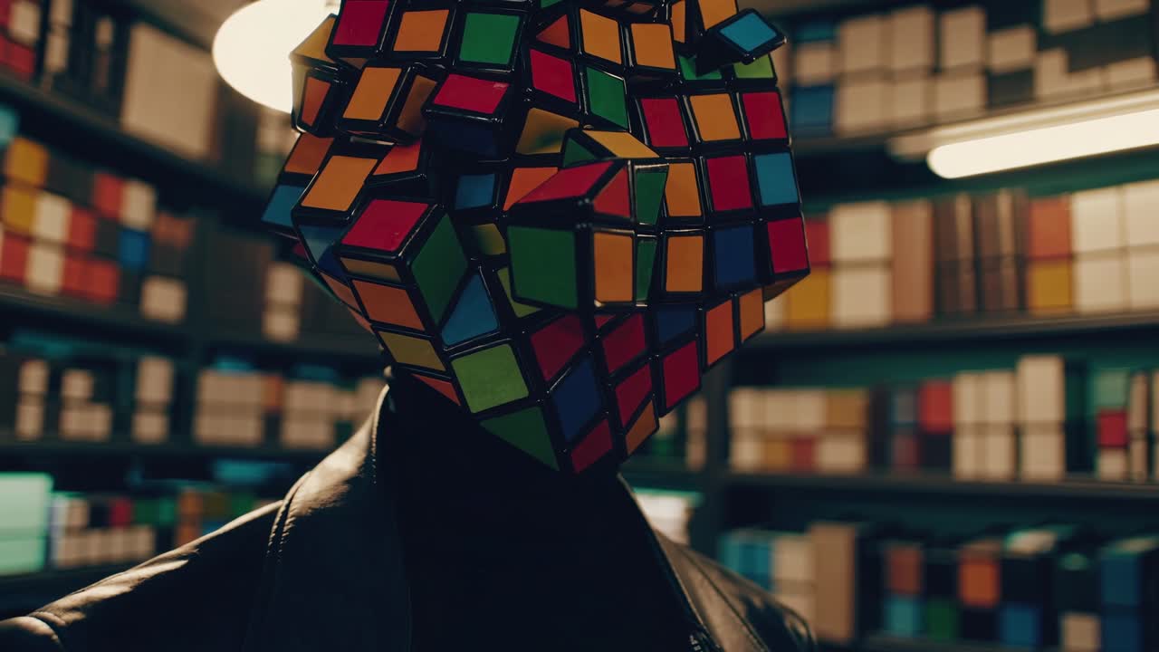 Mysterious individual wearing colorful puzzle cube mask standing in library, creating enigmatic atmosphere through symbolic representation of knowledge and hidden identity