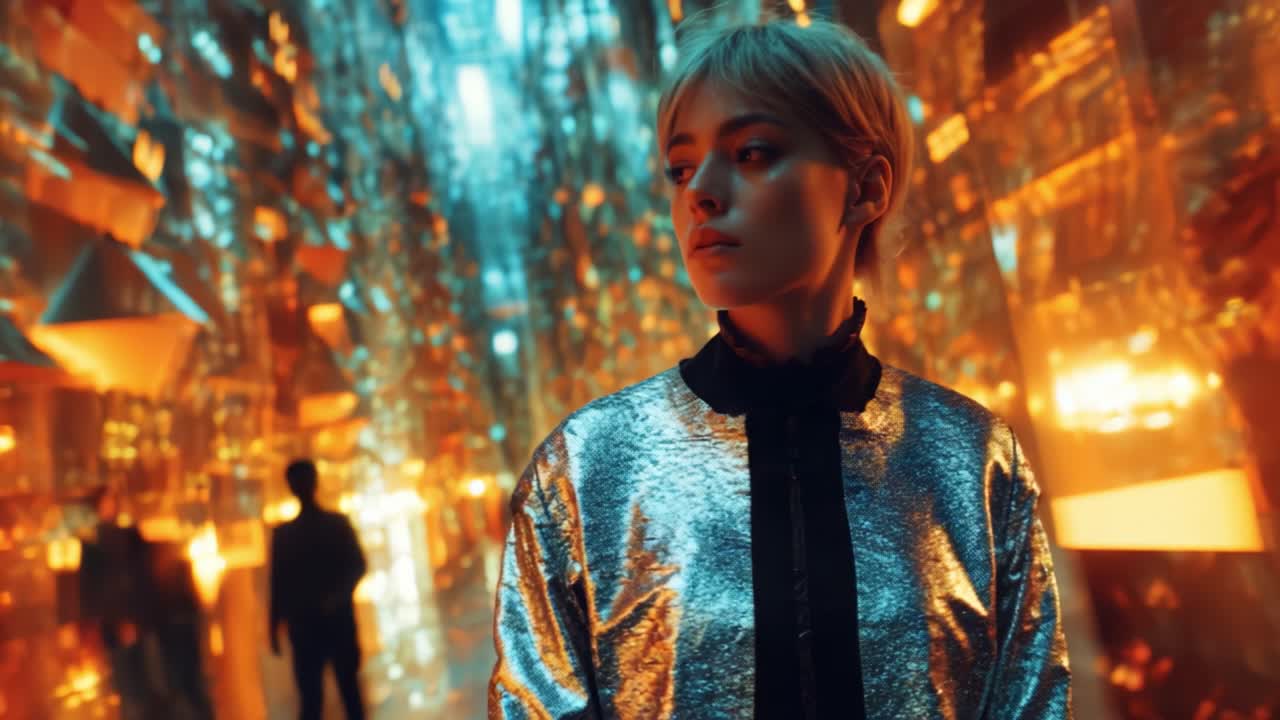 A Glimmering Journey Through a Reflective Wonderland: Capturing the Essence of Illumination and Transformation in a Surreal Environment Filled with Electric Colors and Dynamic Motion