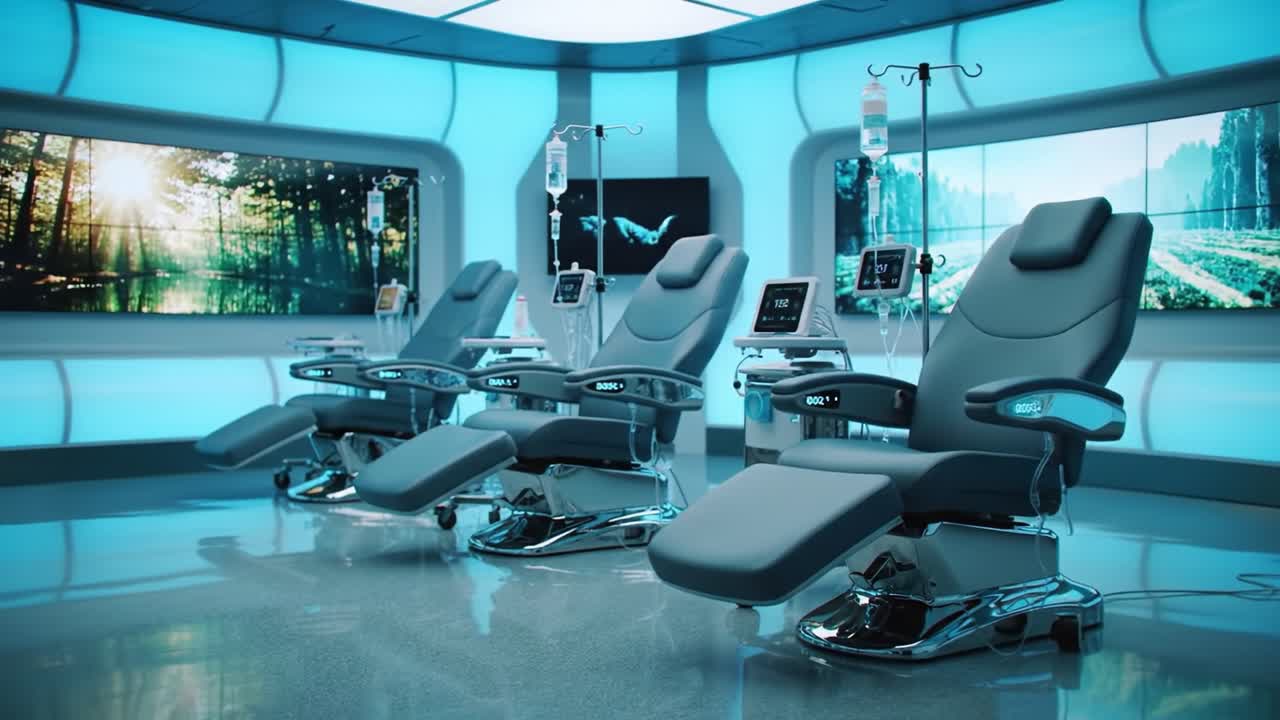 A Futuristic Medical Environment Featuring Advanced Treatment Chairs Surrounded by High-Tech Monitors and Ambient Lighting for Enhancing Patient Experience and Care