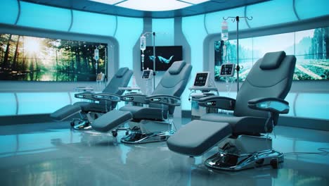 a futuristic medical environment featuring advanced treatment chairs surrounded by high-tech monitors and ambient lighting for enhancing patient experience and care