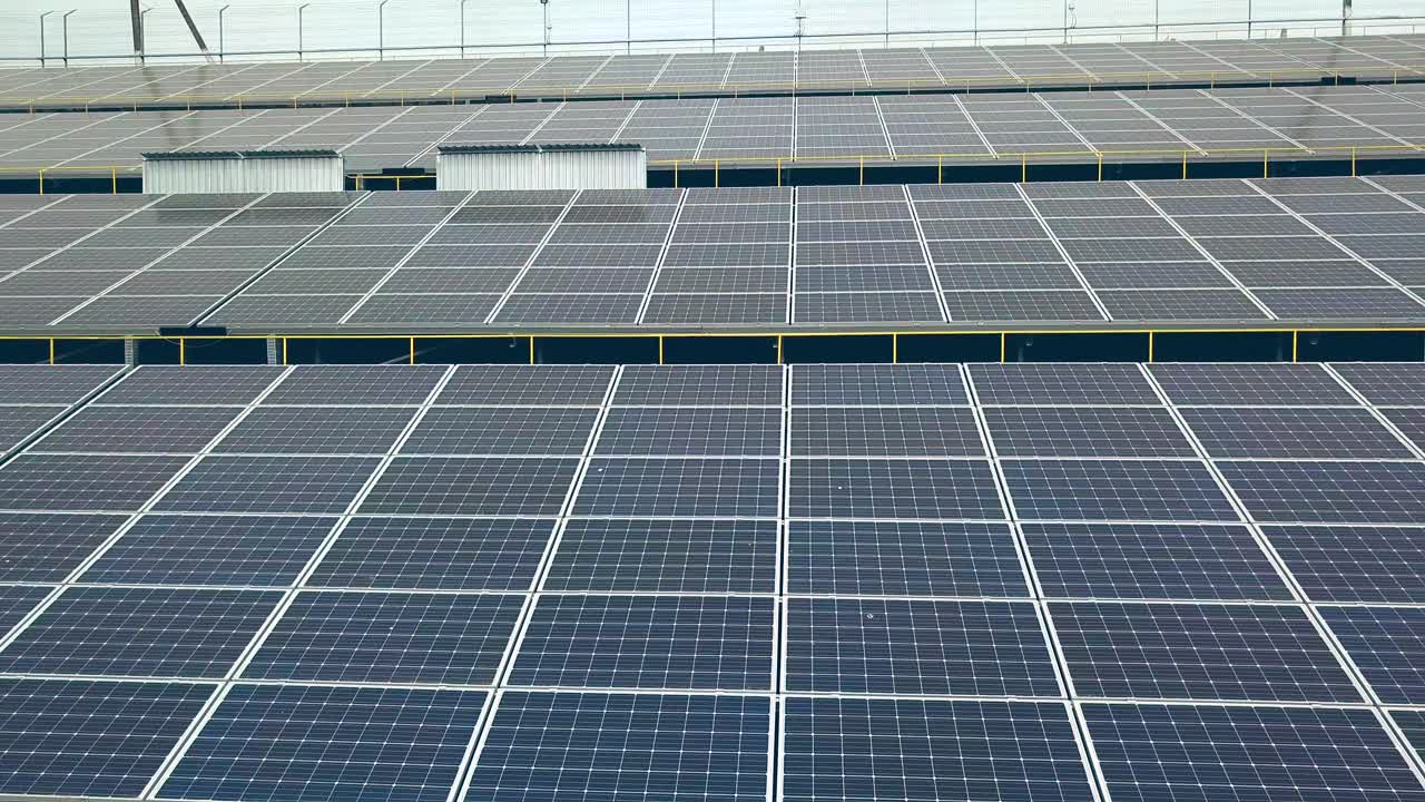 Solar power plant. Aerial view of Solar panels. Solar farm. Source of ecological renewable energy.