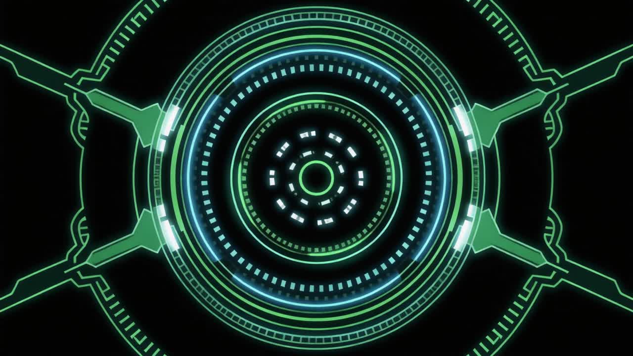 Animazione di Interfaccia HUD Digitale Futuristica con Elementi Luminosi Verdi e Blu