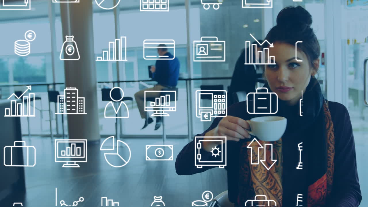 Animation of financial icons over caucasian woman drinking coffee and using smartphone