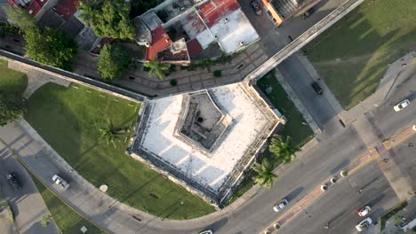 rotational drone shot of the bastion of the wall of campeche