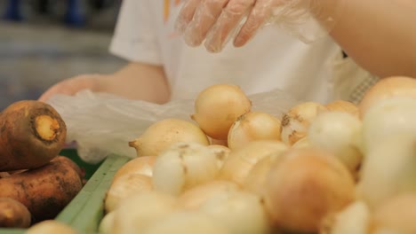 woman packing fresh organic vegetables at the farmers market. raw vegetables