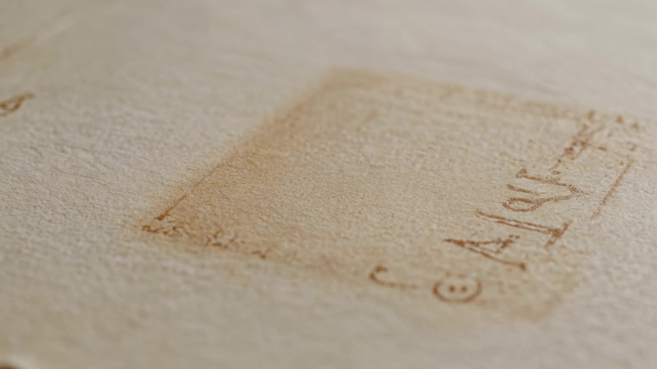 La telecamera si sposta mettendo a fuoco un timbro rettangolare sbiadito su carta beige su una scrivania, rivelando le fibre.