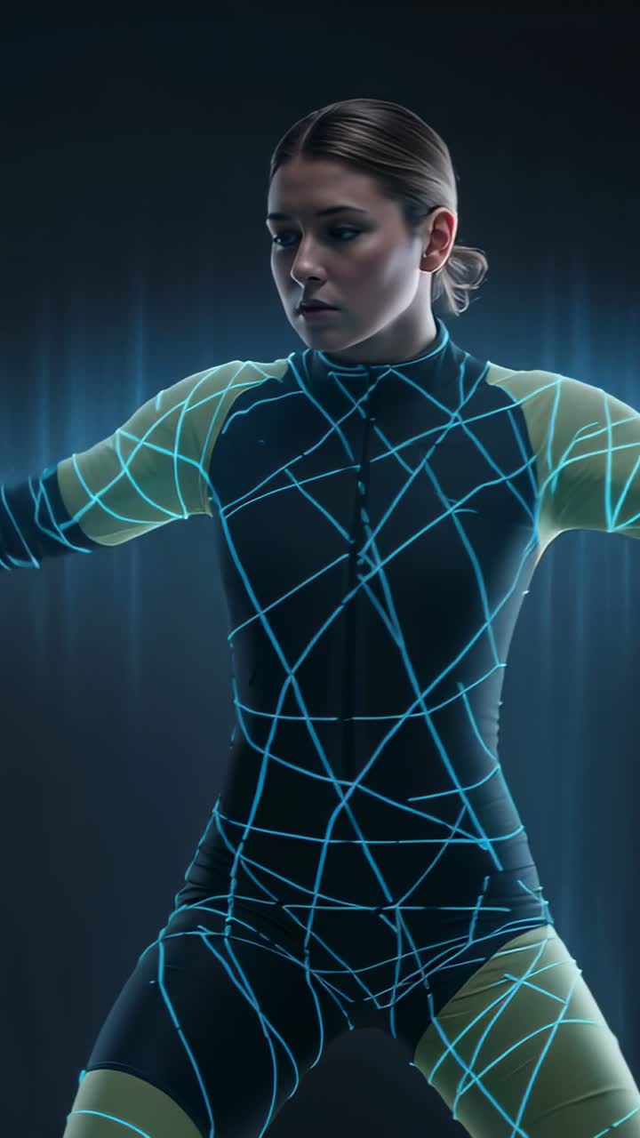 Vertical video: Moving performer making hand motion sparking light ribbon in studio, neon grid suit