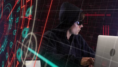 Animation-Von-Neonformen-über-Einem-Kaukasischen-Männlichen-Hacker-Mit-Brille