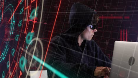 animación de formas de neón sobre hacker masculino caucásico con gafas