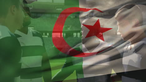 animation of flag of algeria over diverse rugby players