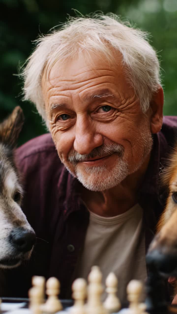 Un uomo anziano e felice gioca a scacchi con i suoi cani giocherelloni al suo fianco, mostrando un legame di amicizia e pensiero strategico in un sereno ambiente esterno