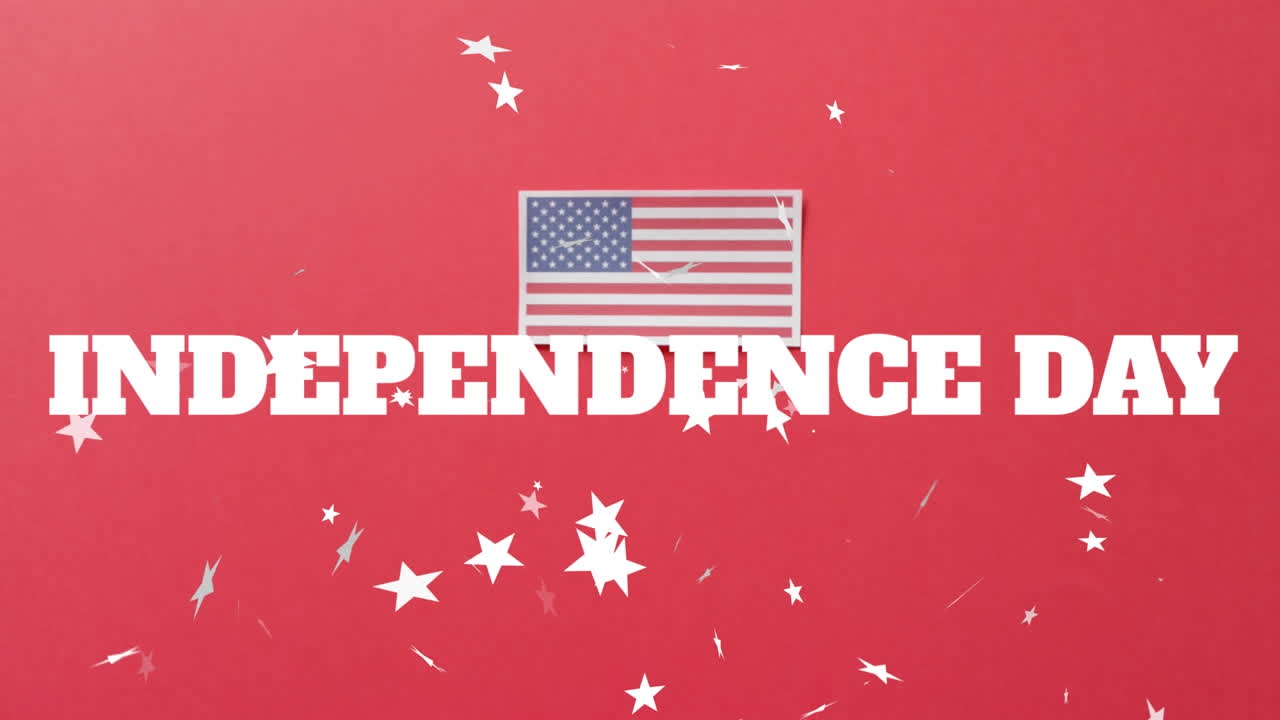 은 바탕에 미국 발이 새겨진 독립기념일 문자와 별들의 애니메이션