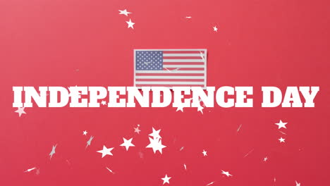 animation of independence day text and stars with flag of america on red background