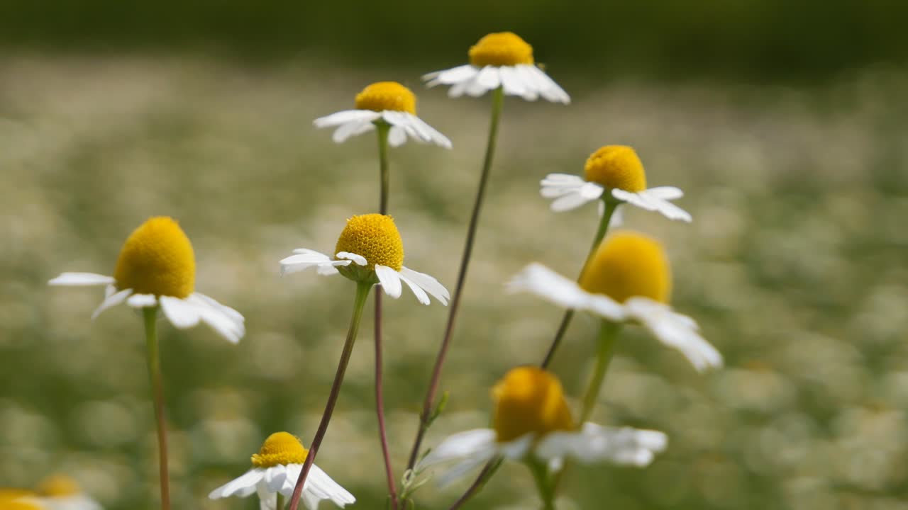 Chamomile on a Field on a Sunny but Windy Day, Close-Up