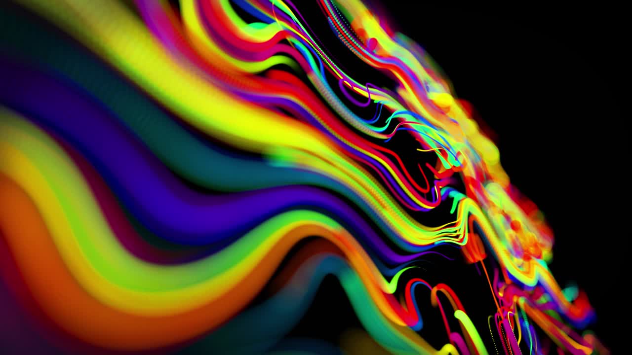 el flujo de partículas forma líneas rizadas como rastros de brillo de diferentes colores, las líneas forman un patrón giratorio como ruido de rizado. abstracto 3d bucle de flujo de animación como fondo festivo creativo brillante