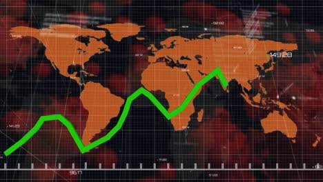 Animation-of-graph-over-orange-world-map-and-viruses-on-black-background