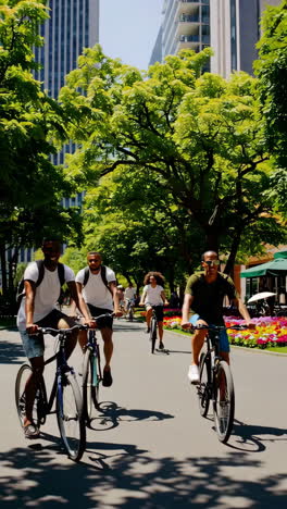 people cycling in a vibrant urban park on a sunny day