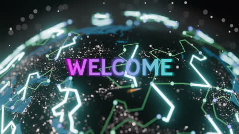 animation of welcome text over network of connections and globe on black background