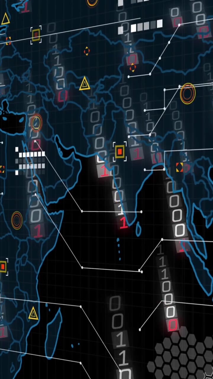Animation of binary coding and data processing over world map