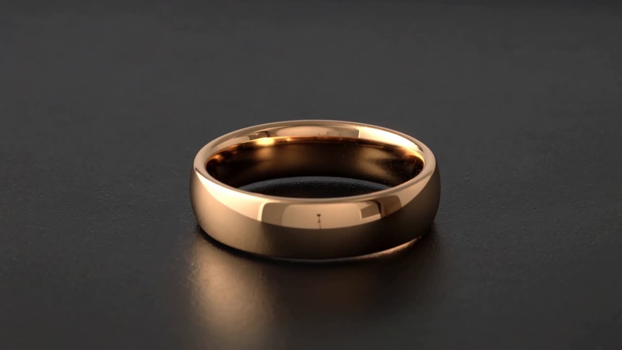 Anello d'oro lucido che ruota su un giradischi, rivelando i punti luce su un tavolo da studio, mettendo in mostra la finitura.
