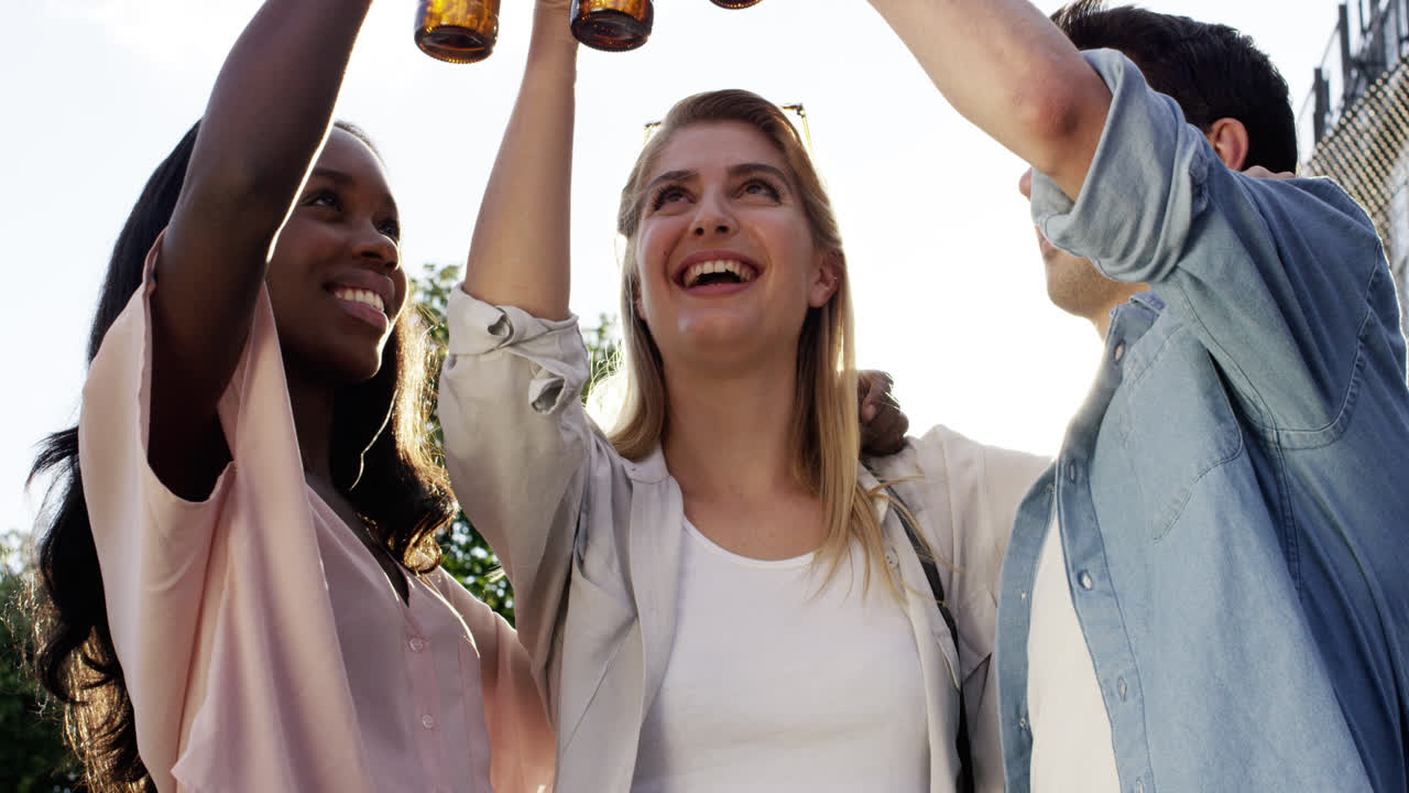 Vrienden vieren feest, drinken bier, heffen armen, buiten in de zomer