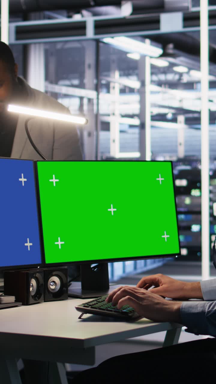 Vertical video Data center admin using isolated screen mockup PC