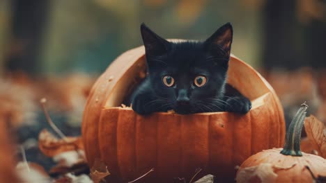 black kitten in a pumpkin