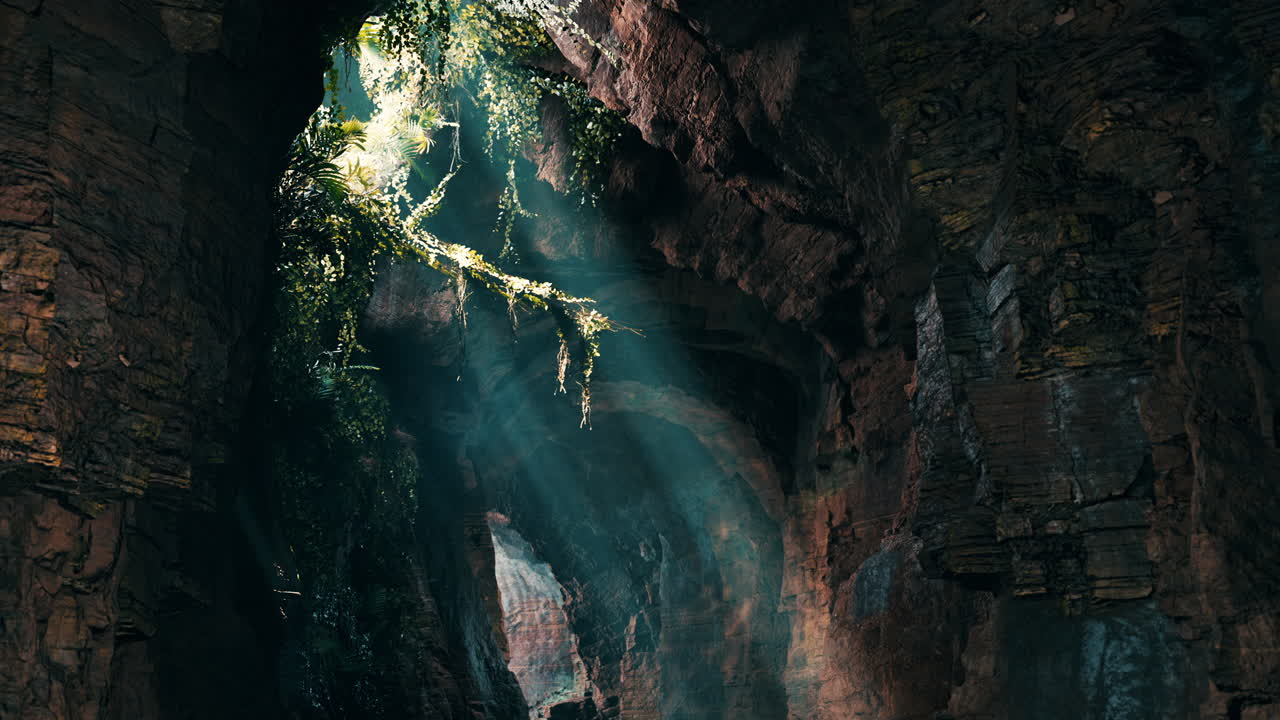 la luz del sol fluye a través de una cueva de la jungla