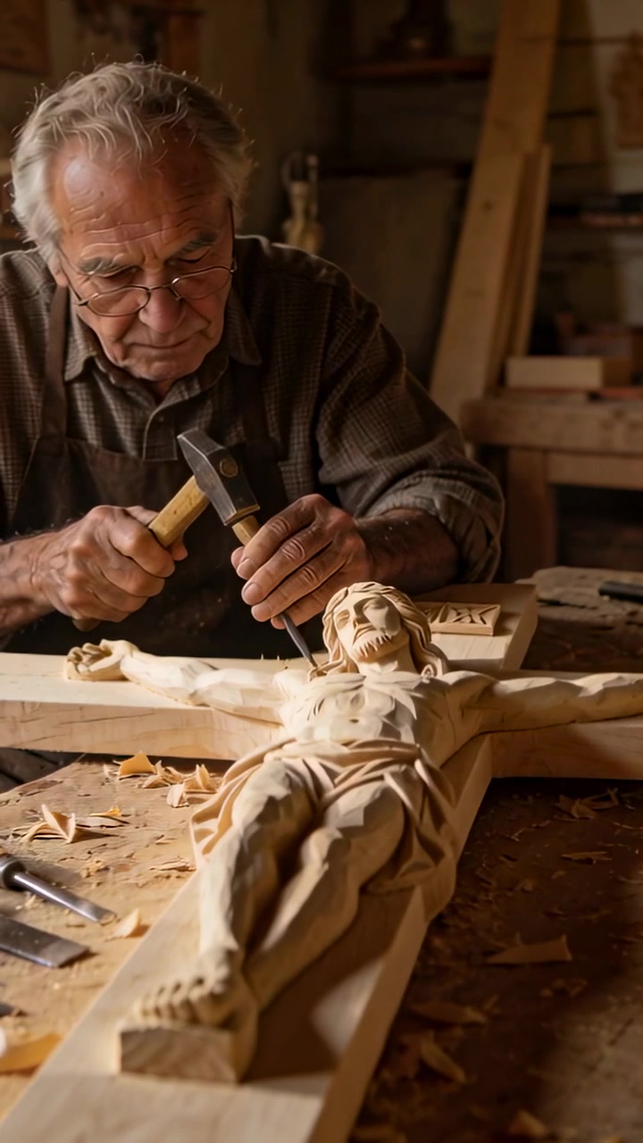 Vertical video: Placing chisel senior carver sleeves rolled tapping crucifix torso in shop refining