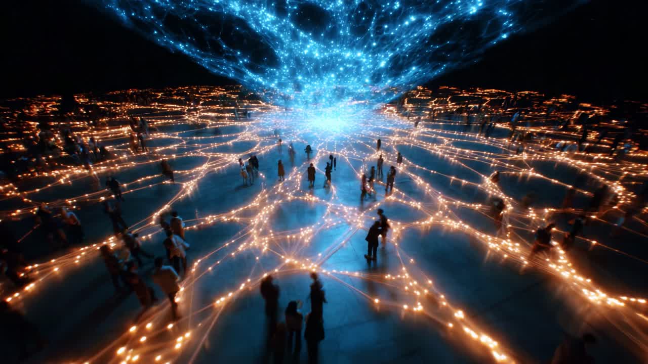 An Enigmatic Gathering in a Mesmerizing Light Display: A Stunning Visualization of Cosmic Connections Beneath a Starry Sky Transforms Space into a Dance of Color and Light with Engaged Participants