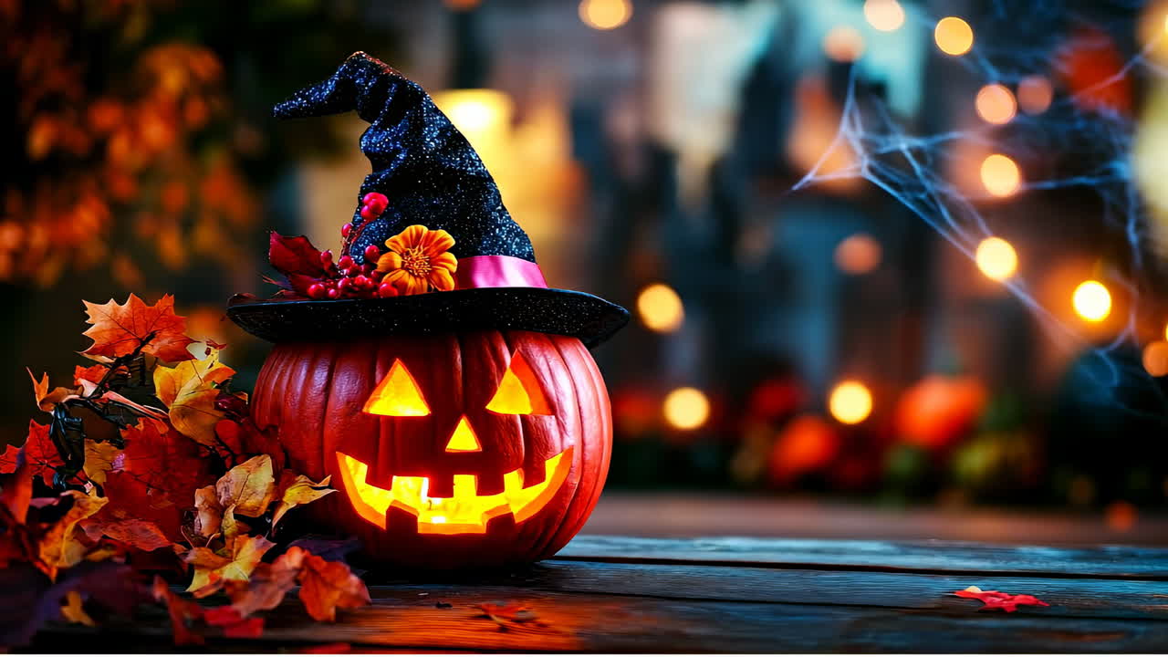 Pumpkin in a witch hat!. Glowing jack-o'-lantern with a witch hat sits among colorful autumn leaves, creating a cheerful Halloween atmosphere