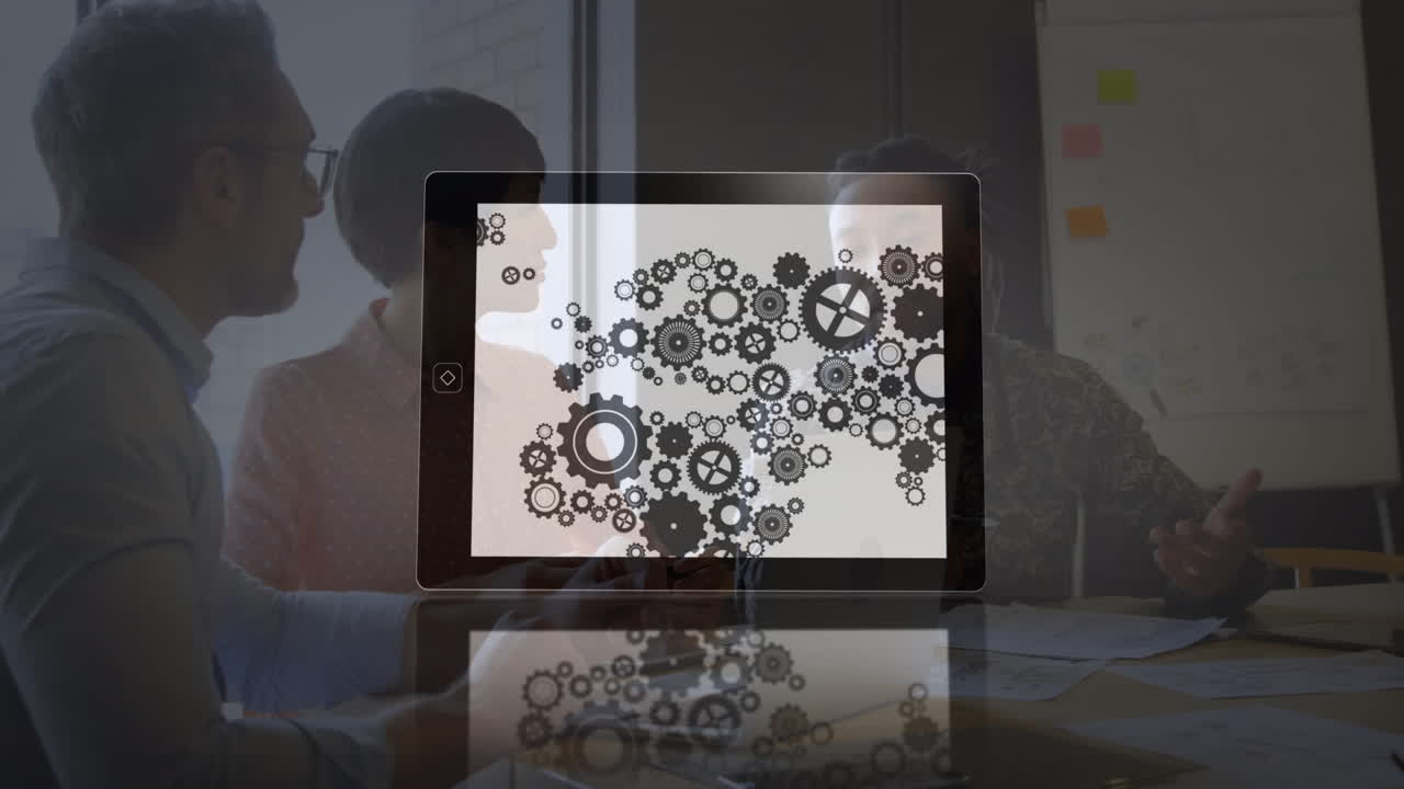 animación de engranajes girando sobre la gente de negocios