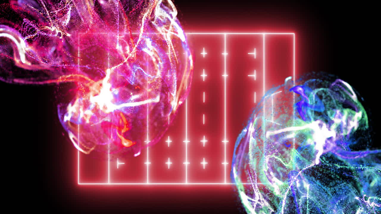 animación de una red brillante de conexiones sobre el campo deportivo sobre fondo negro