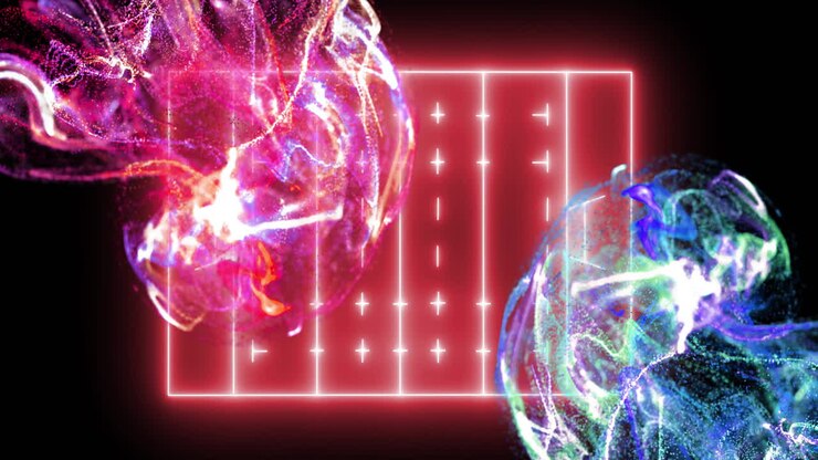 Animazione di una rete luminosa di connessioni su un campo sportivo su sfondo nero.