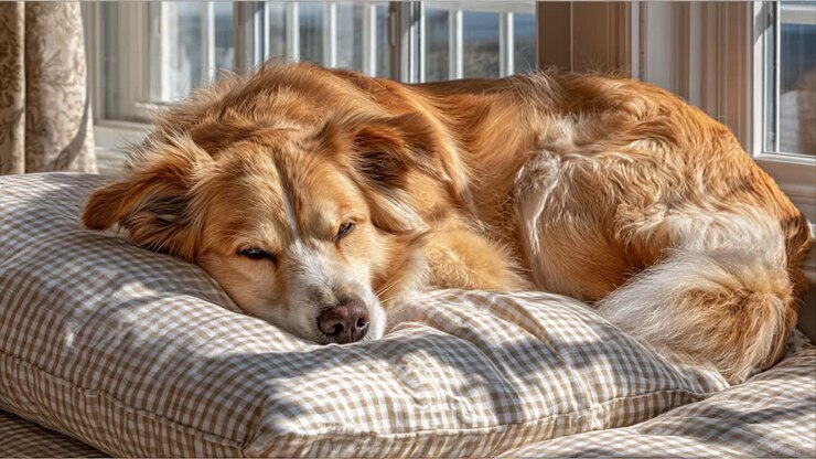 A Cozy Dog Relaxing on a Plush Cushion by the Window, Enjoying a Bright Daylight While Nestled Comfortably in Its Soft Bed
