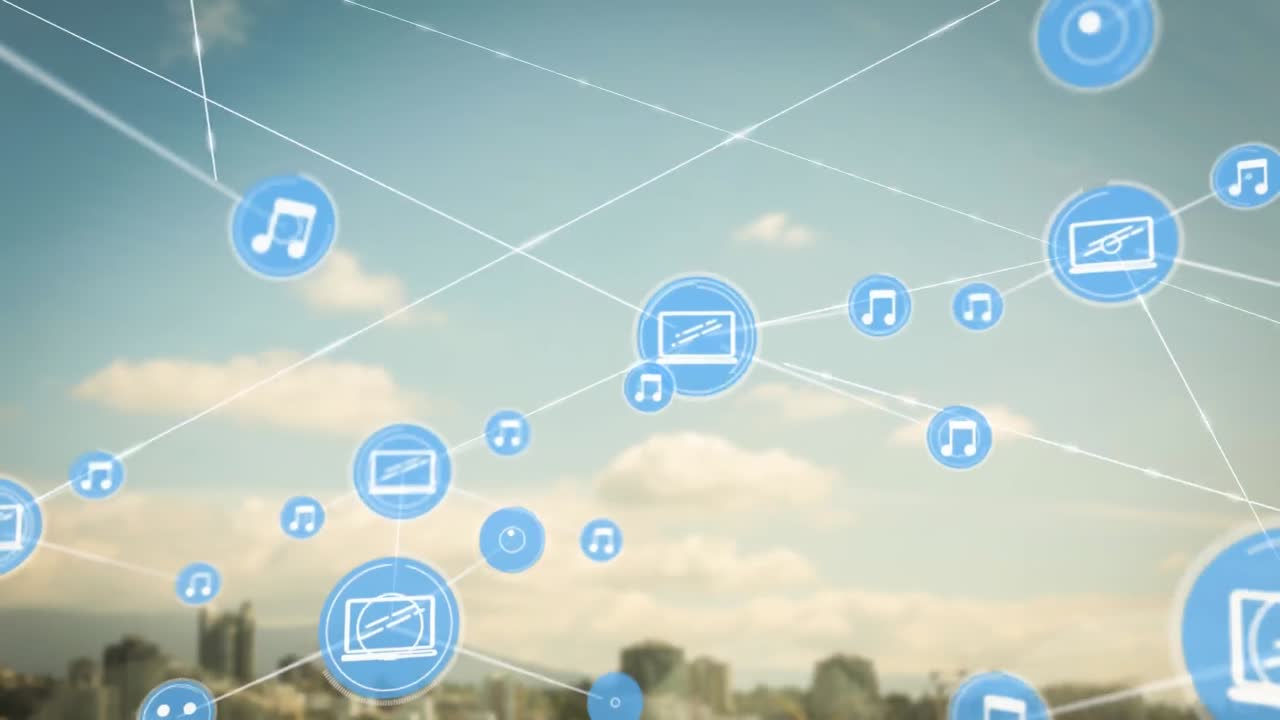 도시 풍경 위의 아이콘으로 연결된 네트워크의 애니메이션