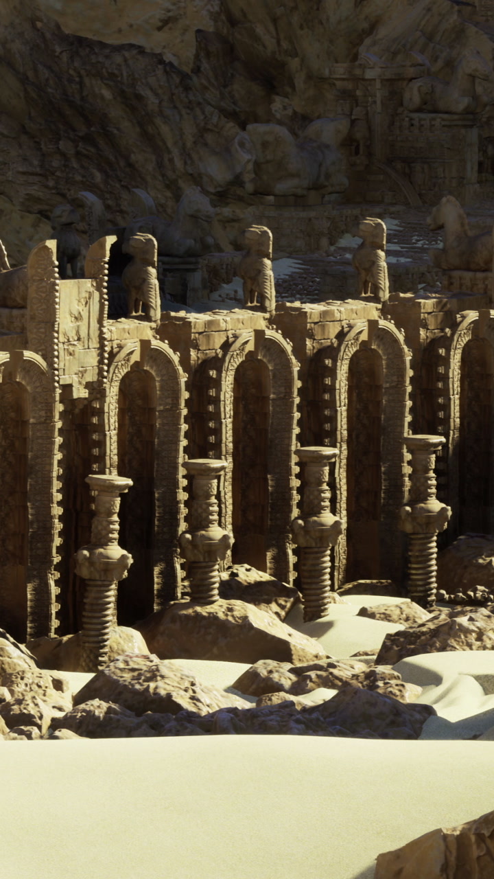 Ancient ruins feature stone pillars and statues in a desert landscape