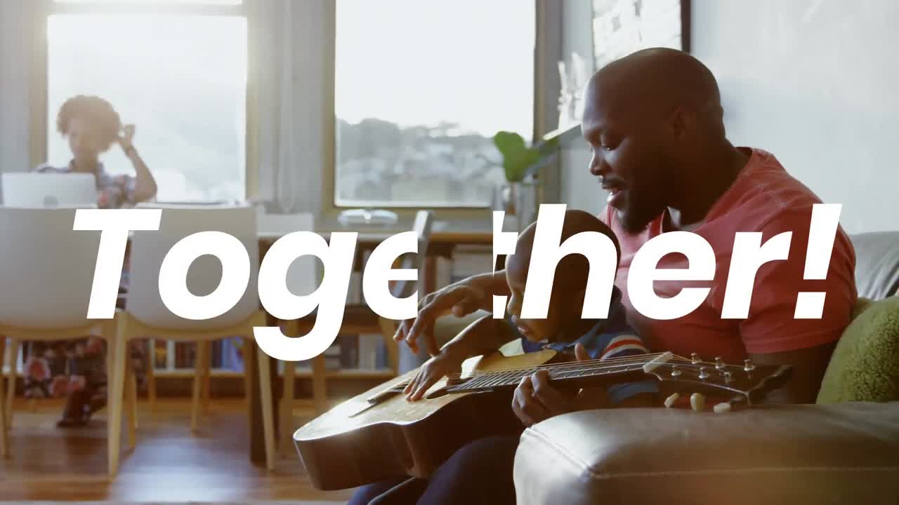 African American family and man playing guitar with word Together during coronavirus pandemic