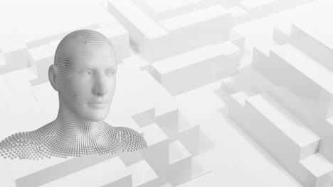 animación de busto humano formado con partículas grises en bloques 3d blancos