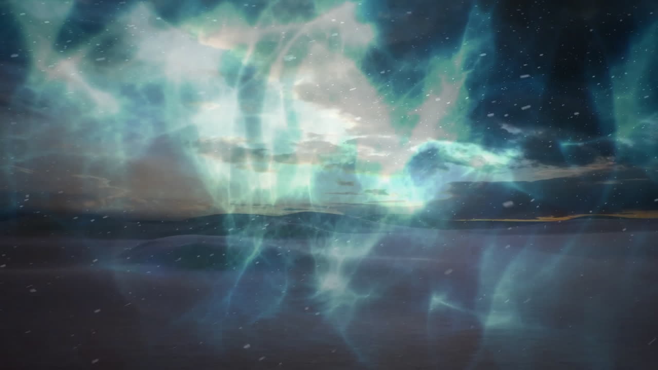 aurora borealis dancing across sky, reflecting on icy plain with drifting flurries in flat design