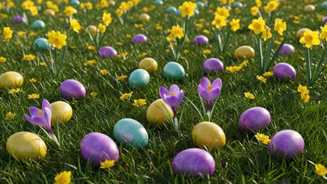 a vibrant spring scene filled with colorful easter eggs and blooming daffodils in a lush green meadow, celebrating the joys of the season