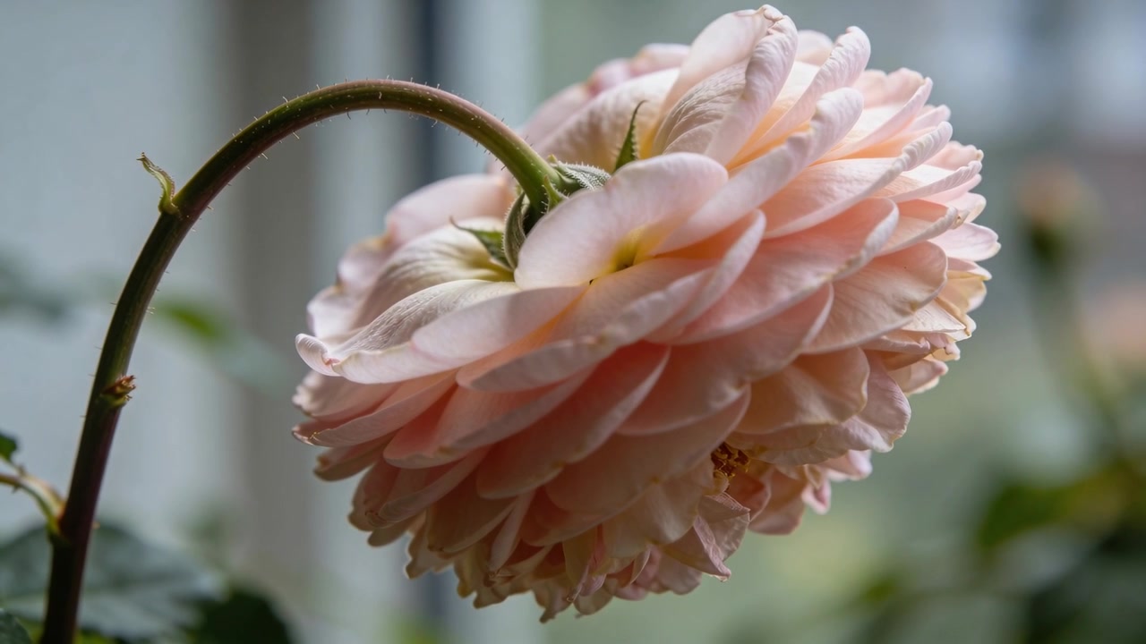 Kamerafokus skifter og afslører en blegrosa dobbeltkronet blomst nær vinduet, der viser vanddråber.