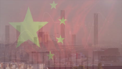 Animation-of-flag-of-china-and-financial-data-processing-over-cityscape