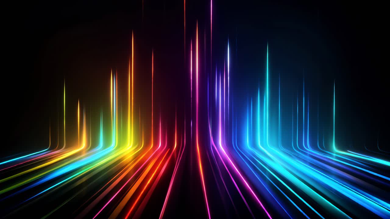 Dynamic video concept with vibrant neon light trails converging in a vanishing point