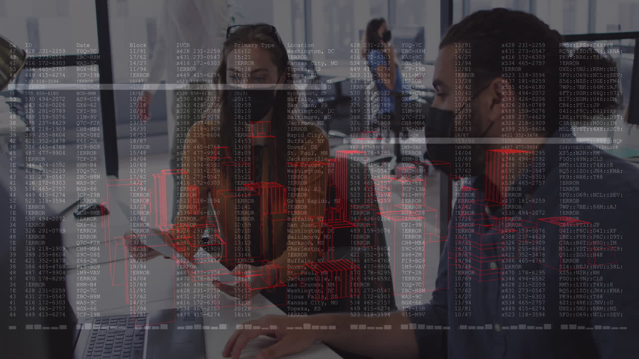 animación del procesamiento de datos financieros sobre diversos empresarios que llevan máscaras faciales