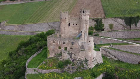 ehrenfels hillside castle ruins, germany. aerial