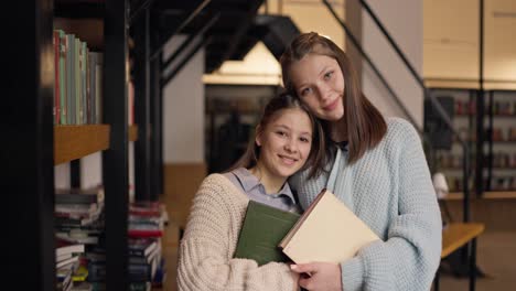 two teenage girls in a library