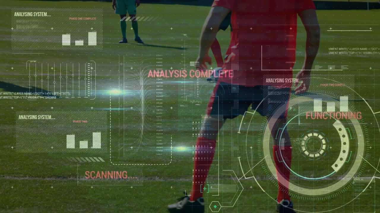 animación de diversos procesamientos de datos sobre la sección media de diversos jugadores de fútbol masculino