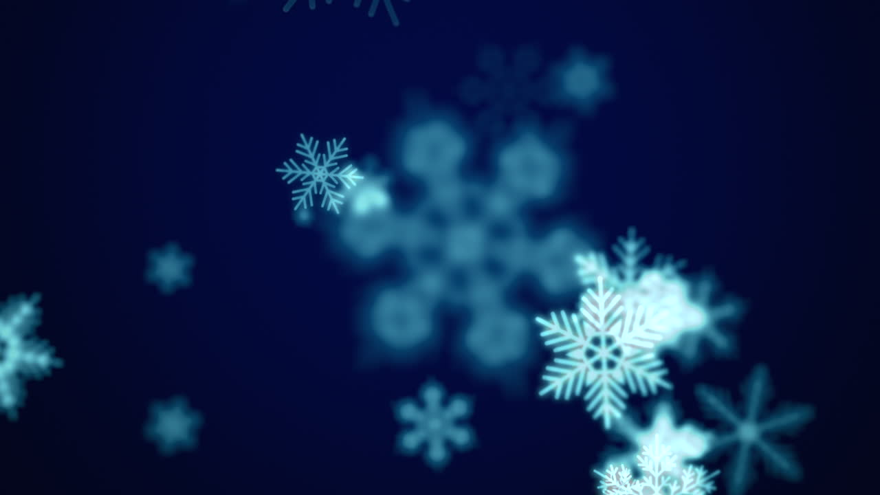 Falling blue snowflakes and glitters in dark sky