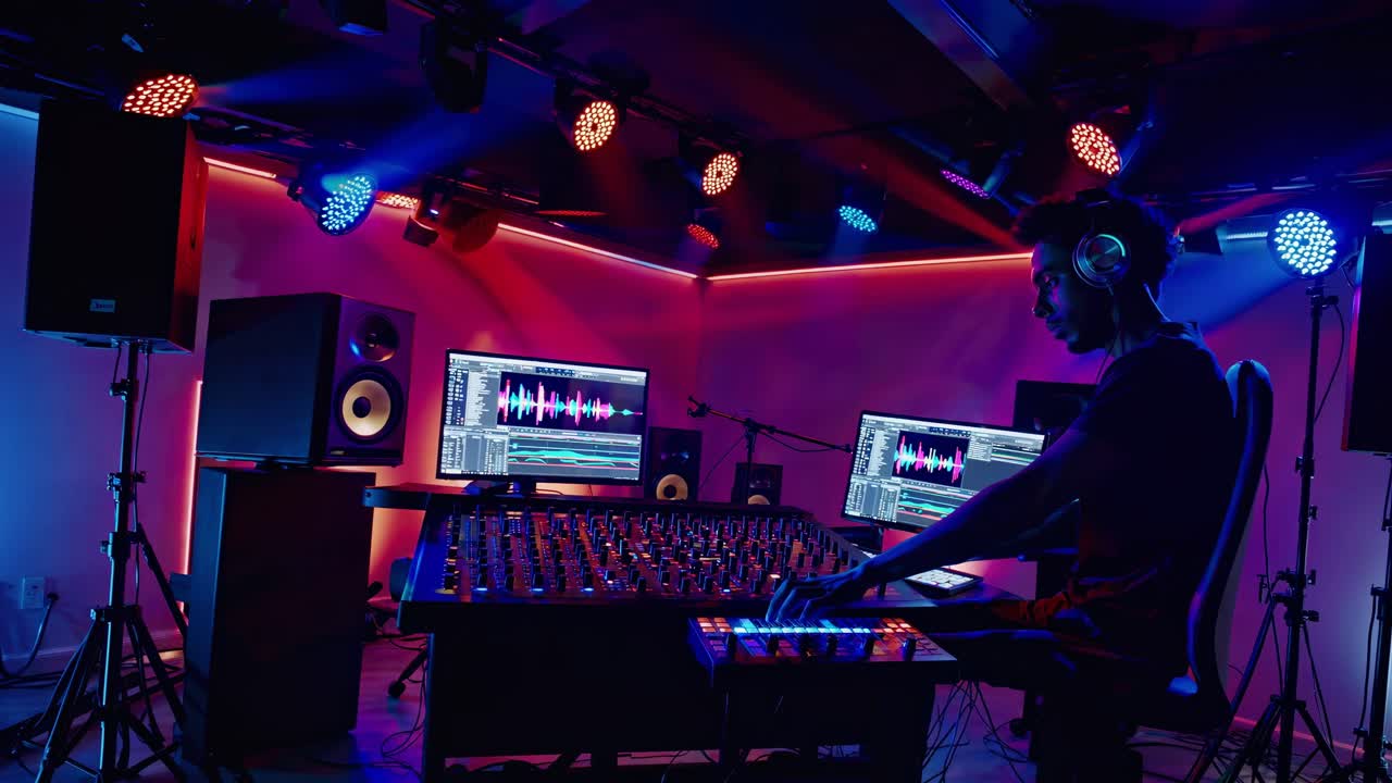 다채로운 led 조명과 첨단 디지털 싱 장비로 둘러싸인 전문 녹음 스튜디오에서 작업하는 오디오 트랙을 스하는 사운드 엔지니어
